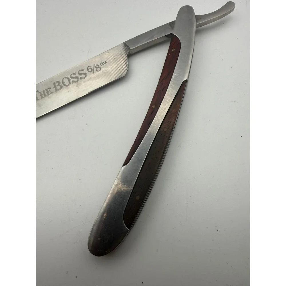 The BOSS 6/8ths Straight Razor Folding Shaving Tool Wood Handle Inlay Vintage